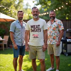 May include: Three people standing outdoors, one wearing a light-colored t-shirt with the words "MEAT SWEATS" and a pink pig graphic. The others wear a button-down shirt and a short-sleeved shirt. The background includes a grill, string lights, and greenery.