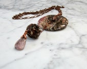 Pink Leopard Skin Jasper and Peruvian Opal with Copper Chain Crown, Heart and Earth Chakra Lariat Necklace