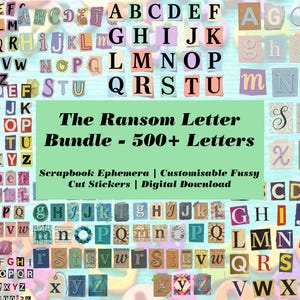 Könnte beinhalten: Eine Collage aus ausgeschnittenen Buchstaben in verschiedenen Schriftarten und Farben, angeordnet in einem Raster. Der Text "The Ransom Letter Bundle - 500+ Letters" wird auf grünem Hintergrund angezeigt, zusammen mit "Scrapbook Ephemera | Customisable Fussy Cut Stickers | Digital Download."