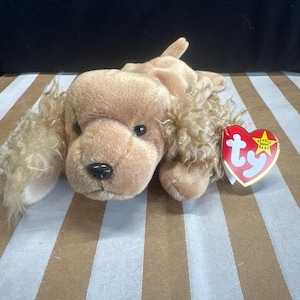 May include: A plush, tan-colored Cocker Spaniel dog toy with floppy ears and a black nose. The toy has a red and white heart-shaped tag that reads "TY Beanie Baby". The dog is lying down on a striped surface.