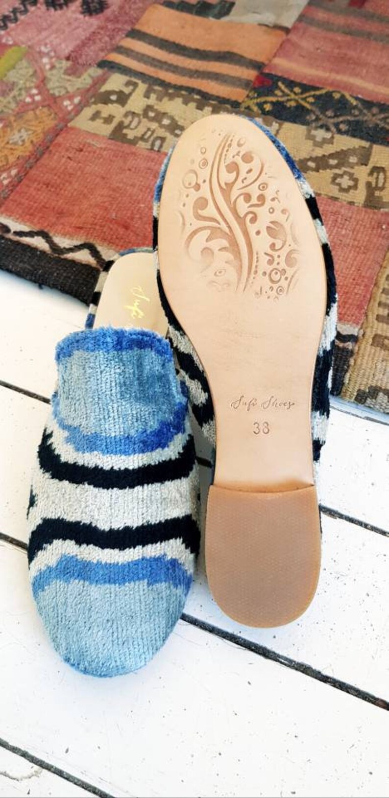 Handmade Women ikat silk shoes mule 38 euro size.