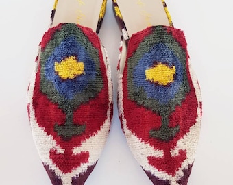 Women shoes 42 euro size Ikat Silk velvet handmade pointed mule for Women