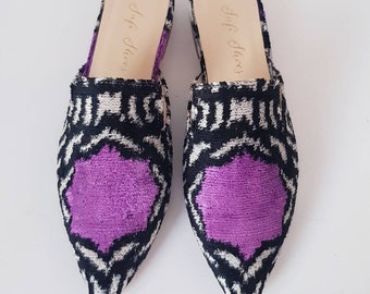 37 euro size Handmade pointed ikat velvet silk shoes for Women