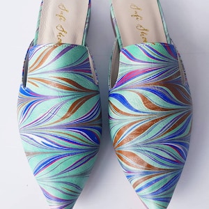 40 euro size Handcrafted shoes for Women Ebru Art marbling on leather pointed flat mules