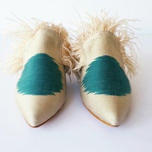 40 euro size pointed Ikat pure Silk shoes with real Peacock feather Handcrafted shoes for Women