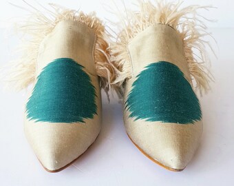 40 euro size pointed Ikat pure Silk shoes with real Peacock feather Handcrafted shoes for Women