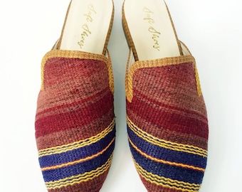 38 euro size Handcrafted vintage pointed flat Kilim Mules for Women handmade vintage Kilim shoes