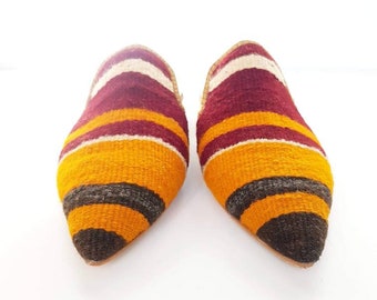 40 euro size vintage Kilim rug Pointed flat mules for Women handmade shoes