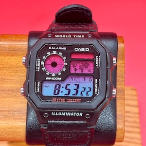 Custom Casio AE1200 World Time Watch: HydroMod, Pink-Blue Gradient, NATO Strap