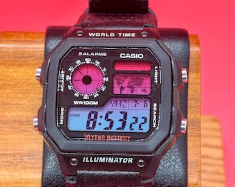 Custom Casio AE1200 World Time Watch: HydroMod, Pink-Blue Gradient, NATO Strap