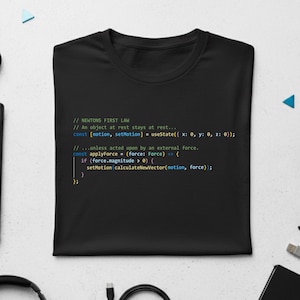 Black Programmer T-Shirt – Newton’s First Law Coding Tee, React TypeScript VSCode Shirt, Physics Geek Gift for Developers