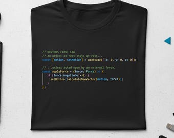 Black Programmer T-Shirt – Newton’s First Law Coding Tee, React TypeScript VSCode Shirt, Physics Geek Gift for Developers
