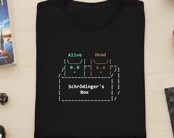 Schrodinger's Box T-Shirt - ASCII Art Physics Shirt - Black Alive and Dead Cat Tee - Programmer Coding Tee - Quantum Mechanics