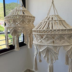 Macrame Chandelier,Boho Style Pendant Light with Natural Cotton Cord, Macrame Lampshade, Bohomian Home Decor