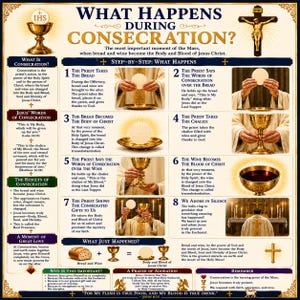 May include: An educational poster titled What Happens During Consecration? featuring eight numbered steps with illustrations of a priest, a golden chalice, and a communion host. The text explains the Catholic Mass ritual with religious symbols.