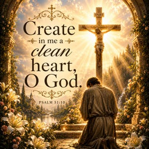 May include: A religious print featuring a person kneeling in prayer before a wooden cross with Jesus. The text reads, "Create in me a clean heart, O God. PSALM 51:10." The scene is framed by stone arches and white lilies, with a bright, glowing sun.