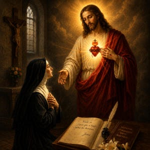 Può includere: Un dipinto religioso che raffigura Gesù con un Sacro Cuore luminoso che appare a una suora inginocchiata. Un libro aperto su un tavolo riporta il testo "Voilà ce Cœur qui a tant aimé les hommes" e "Jésus" con una penna d'oca e calamaio.