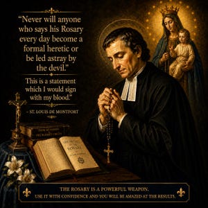 May include: A religious print featuring a man in black clerical attire praying with a rosary. An open book titled The Secret of the Rosary sits on a table next to a crucifix and a stack of books. Above, an image of the Virgin Mary holding the infant Jesus.