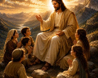 May include: A central figure with long brown hair and a beard, wearing a tan robe, sits on a rocky outcrop gesturing towards five children gathered around. The children wear simple tan and brown clothing. A bright sun glows behind the figure.