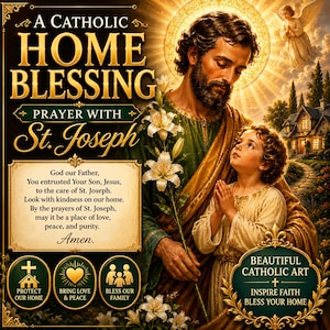 Pode incluir: Uma impressão de arte religiosa intitulada A Catholic Home Blessing Prayer with St. Joseph, apresentando uma ilustração de São José segurando lírios brancos ao lado de uma criança, com texto de oração, três ícones circulares e borda dourada.