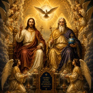 Puede incluir: Una obra de arte religiosa que representa a la Santísima Trinidad con Jesús y Dios Padre sentados en tronos ornamentados, rodeados de ángeles. Una paloma que representa al Espíritu Santo brilla arriba. Una placa en la base dice: GLORIA PATRI ET FILIO ET SPIRITUI SANCTO.
