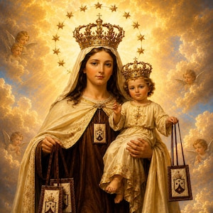 Può includere: Un dipinto religioso che raffigura una donna e un bambino con corone d'oro ornate, circondati da un alone di stelle e nuvole con cherubini alati. Entrambe le figure tengono scapolari marroni con uno stemma con corona e tre stelle.