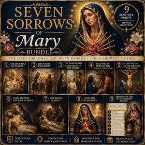 Könnte beinhalten: Ein digitales Druckpaket mit dem Titel Seven Sorrows of Mary mit neun religiösen Illustrationen. Das Hauptbild zeigt Maria mit sieben Schwertern, die ihr Herz durchbohren. Darunter befinden sich acht nummerierte Szenen biblischer Ereignisse.