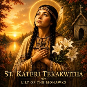 May include: A portrait of St. Kateri Tekakwitha, Lily of the Mohawks, featuring a person with braided hair, a headband with a feather, and a crucifix necklace. They hold white lilies against a sunset landscape with a stone chapel and text.