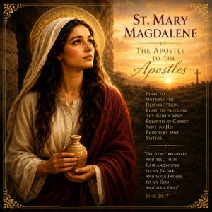 Può includere: Un ritratto di Santa Maria Maddalena che tiene un piccolo vaso, indossando una tunica color crema e uno scialle rosso scuro. Il testo recita: St. Mary Magdalene, The Apostle to the Apostles, First to Witness the Resurrection, John 20:17.