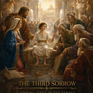 May include: A religious painting depicting a young boy in a white robe seated among elders in a temple. A man and woman stand to the left. The text at the bottom reads THE THIRD SORROW FINDING JESUS IN THE TEMPLE. The scene features golden light.