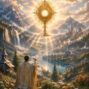 May include: A golden monstrance with a radiant sunburst design suspended in the sky above a mountainous landscape, featuring a central circular glass lunette, intricate filigree metalwork, and a base, glowing with bright light over a valley.
