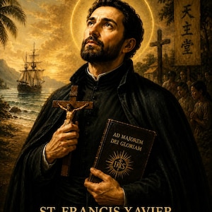 Puede incluir: Un retrato de San Francisco Javier con aureola, sosteniendo un crucifijo y un libro con la inscripción AD MAJOREM DEI GLORIAM e IHS. El fondo muestra un velero, una cruz y un estandarte con caracteres asiáticos. Texto: ST. FRANCIS XAVIER APOSTLE OF THE EAST.