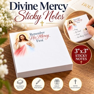 Peut inclure: Un bloc de notes adhésives carré de 7,62 cm sur 7,62 cm avec une illustration de Jésus, des rayons rouges et bleus, et le texte Remember His Mercy First et Jesus I Trust In You. Le bloc contient 50 feuilles pour écrire.