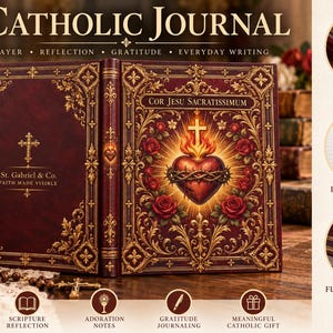 May include: A burgundy hardcover Catholic journal measuring 5.75 inches by 8 inches, featuring gold ornate filigree, a Sacred Heart illustration, and the text Cor Jesu Sacratissimum, St. Gabriel & Co., and Faith Made Visible.