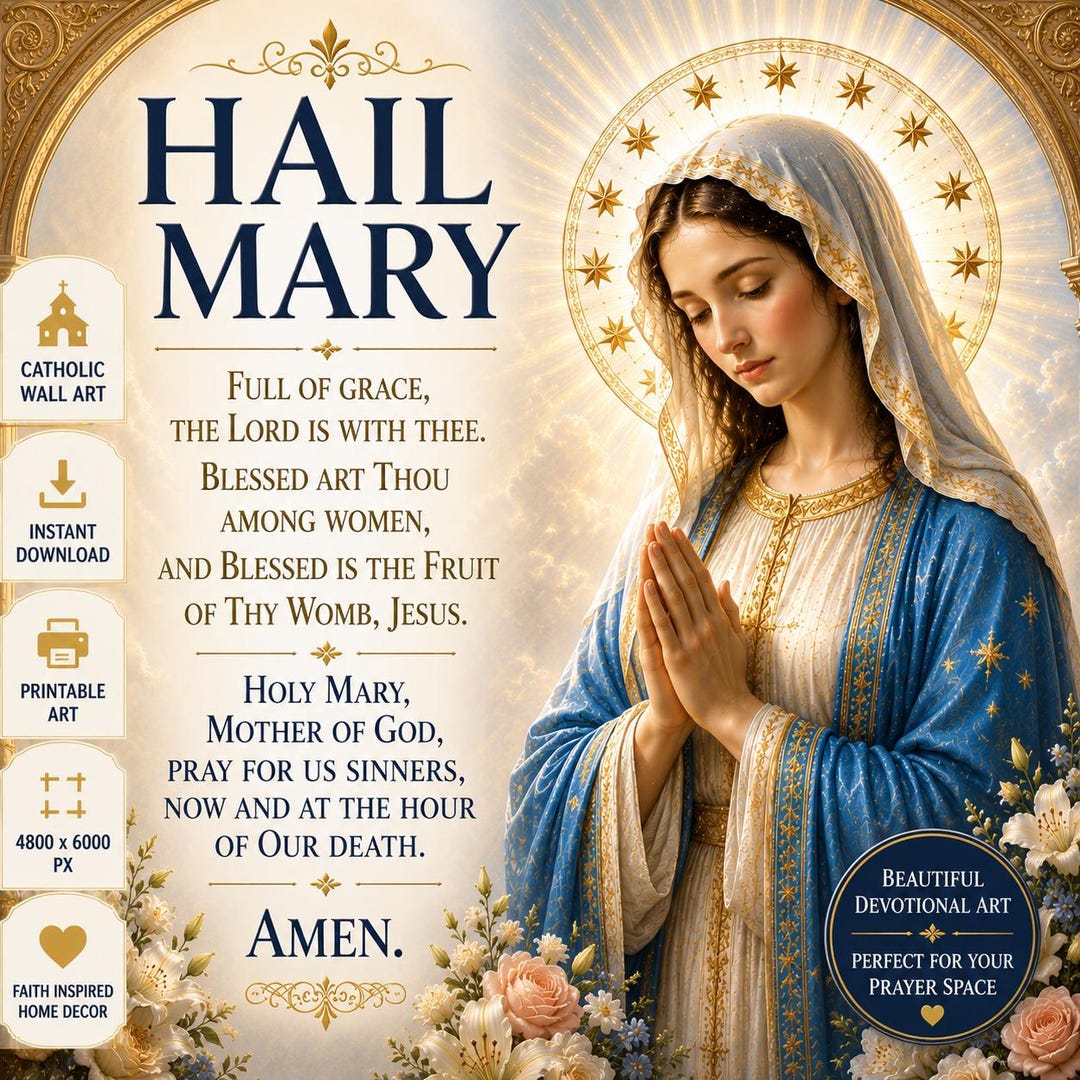 Hail Mary Prayer Wall Art | Catholic Prayer Print | Blessed Virgin Mary ...