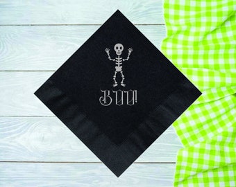 Halloween Skeleton Cute Personalized Foil Napkins, Cocktail Napkin, Shiny Foil, Party Decoration