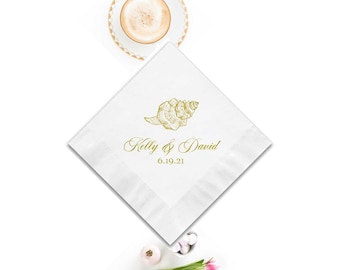 Conch Shell Personalized Foil Napkins - Shower Napkins, Cocktail Napkin, Shiny Foil, Party Decoration, Wedding Napkins,