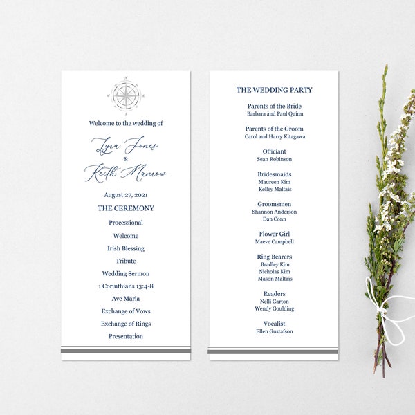 Compass Rose printed wedding program, Elegant Wedding Ceremony Program, Customizable Nautical wedding, Cape Cod wedding church program