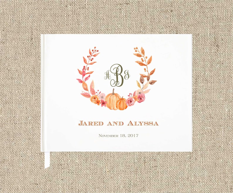Autumn wedding Pumpkin Wreath Monogram book Guest Book Custom Guest Book Personalized keepsake Rustic wedding pumpkin guest book