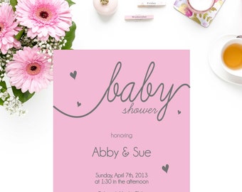 Heart Baby Shower Invitation, Pink Girl Theme