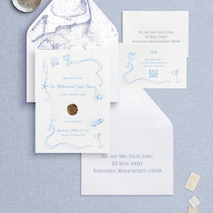 May include: Wedding invitation suite featuring a white invitation with blue line art of champagne flutes, seashells, and cocktails. The invitation includes the names "Ana Bettleres and Emily Shawns" and a reception time. Includes a map-lined envelope.