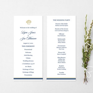 Gold Shell  printed wedding program, Elegant Wedding Ceremony Program, Customizable Nautical wedding, Cape Cod wedding, Mass program