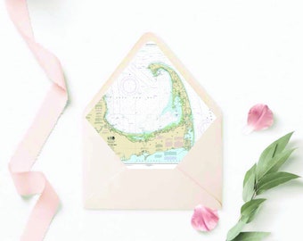 Cape Cod Nautical Map Custom Envelope Liner, Invitations Envelope Liner, Elegant Wedding Invitation Envelopes, Nautical design, Any color