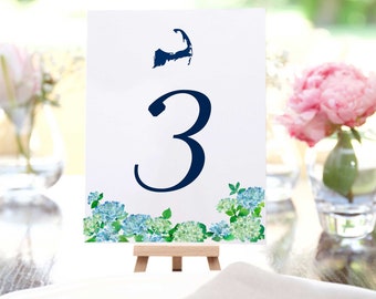 Cape Cod Hydrangea Wedding Table Numbers: Nautical Table Card