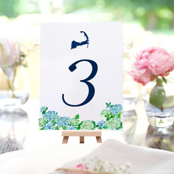 Cape Cod Hydrangea Table Numbers, Wedding Table Card, Cape Table Number, Printed, Custom Wedding Decor, Nautical wedding, Printed Table #