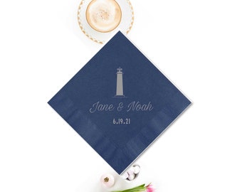 Lighthouse Personalized Foil Napkins - Shower Napkins, Cocktail Napkin, Shiny Foil, Party Decoration, Wedding Napkins,