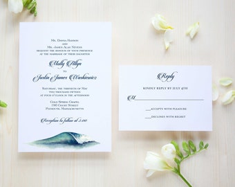 Wave watercolor invitation,  nautical invitation,   cape cod invitation, Destination wedding, coastal wedding, free samples