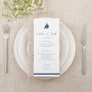 Sailboat wedding menu, nautical wedding, shower or event table decor, sailing Printed menu, reception dinner menu, destination beach wedding