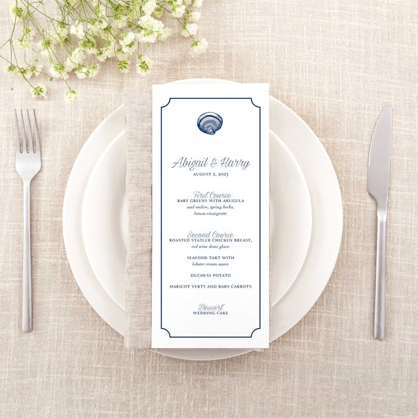 Quahog Shell wedding menu, nautical wedding, event table decor, Printed menu, reception dinner menu, destination beach wedding