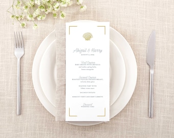 Scallop Sketch Shell wedding menu, nautical wedding, event table decor, Printed menu, reception dinner menu, destination beach wedding